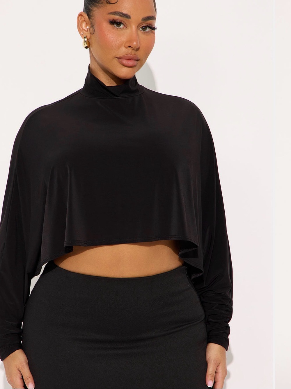 Black Mock Neck Cropped Dolman Top - Women